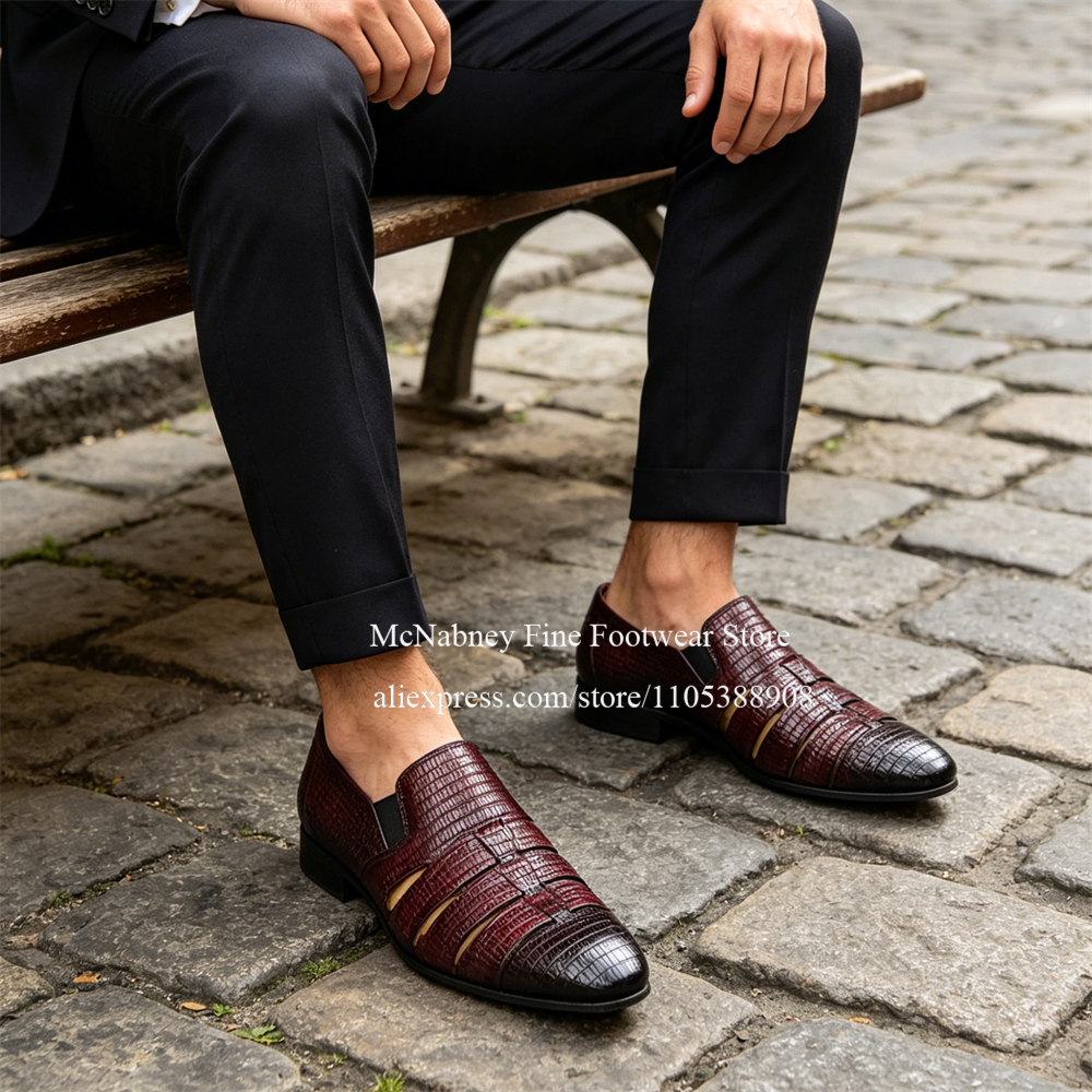 Formal Wear For Men In Wedding - Breathable Cutout Burgundy Black Lizard Leather