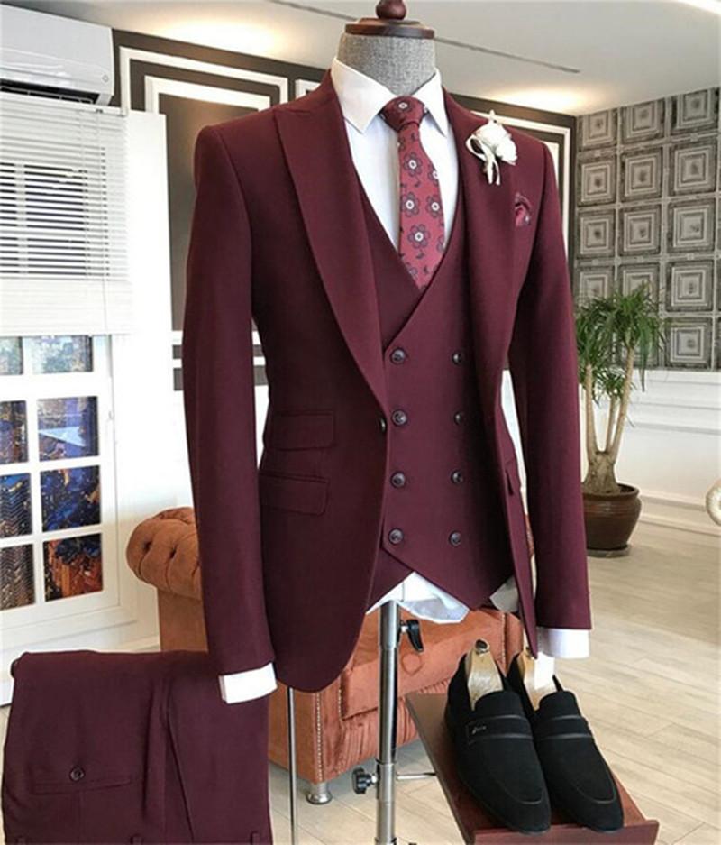 Formal Wear For Men In Wedding - 2021 Burgundy Double Breasted Vest Costume