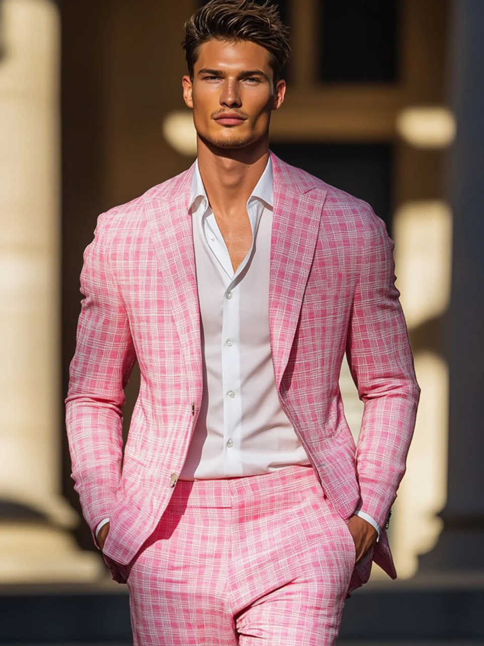 Summer Pink Plaid Mens Tuxedos - Men Formal Party Wear Outfit recensione e prezzo